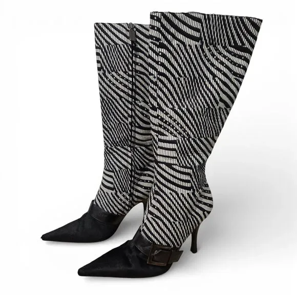 Bruno Magli Womens Graphic Print Tall Dress Boots Sz 37 / 6.5-7 fur pointed toe - Picture 2 of 14